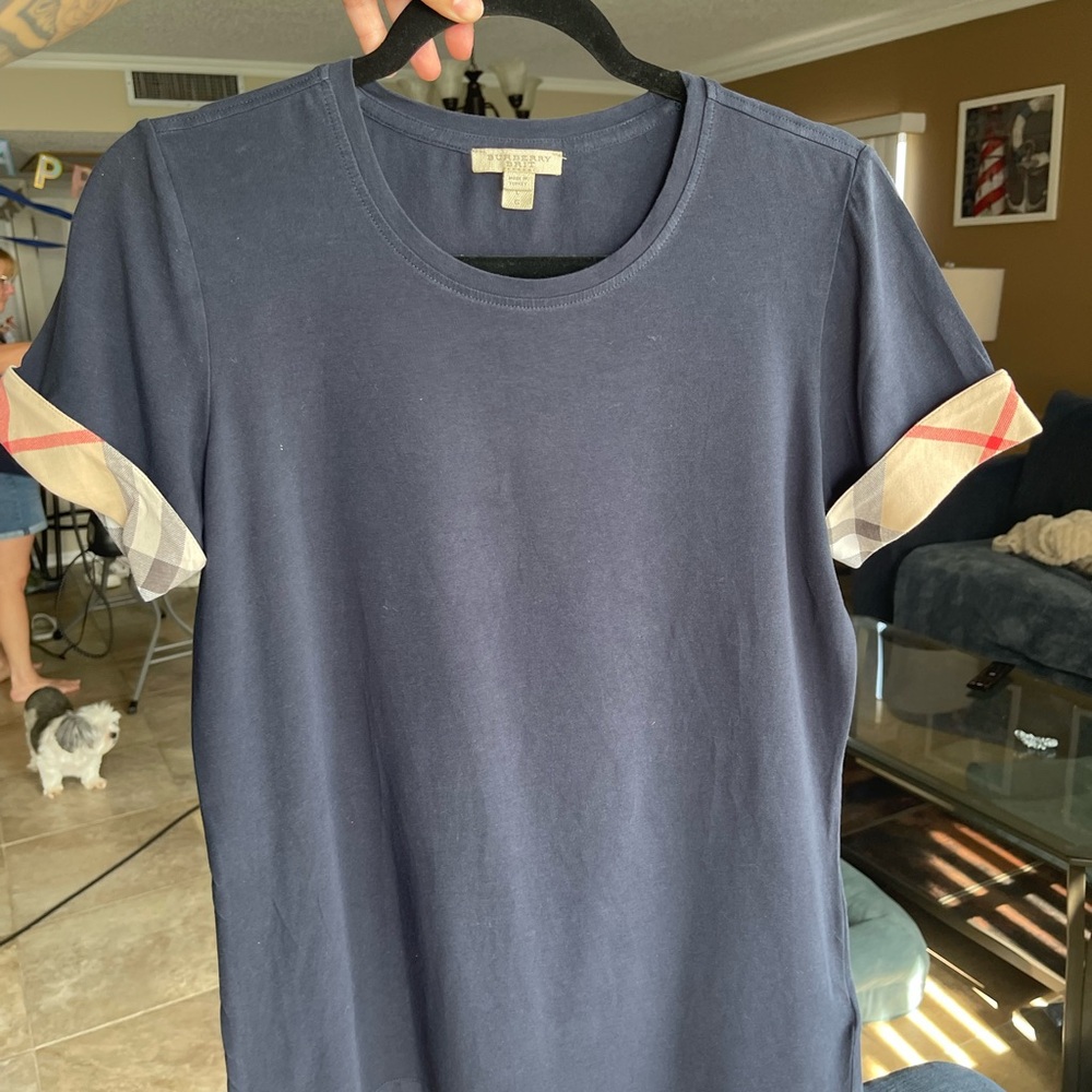 Burberry Navy T-Shirt with Plaid Accents